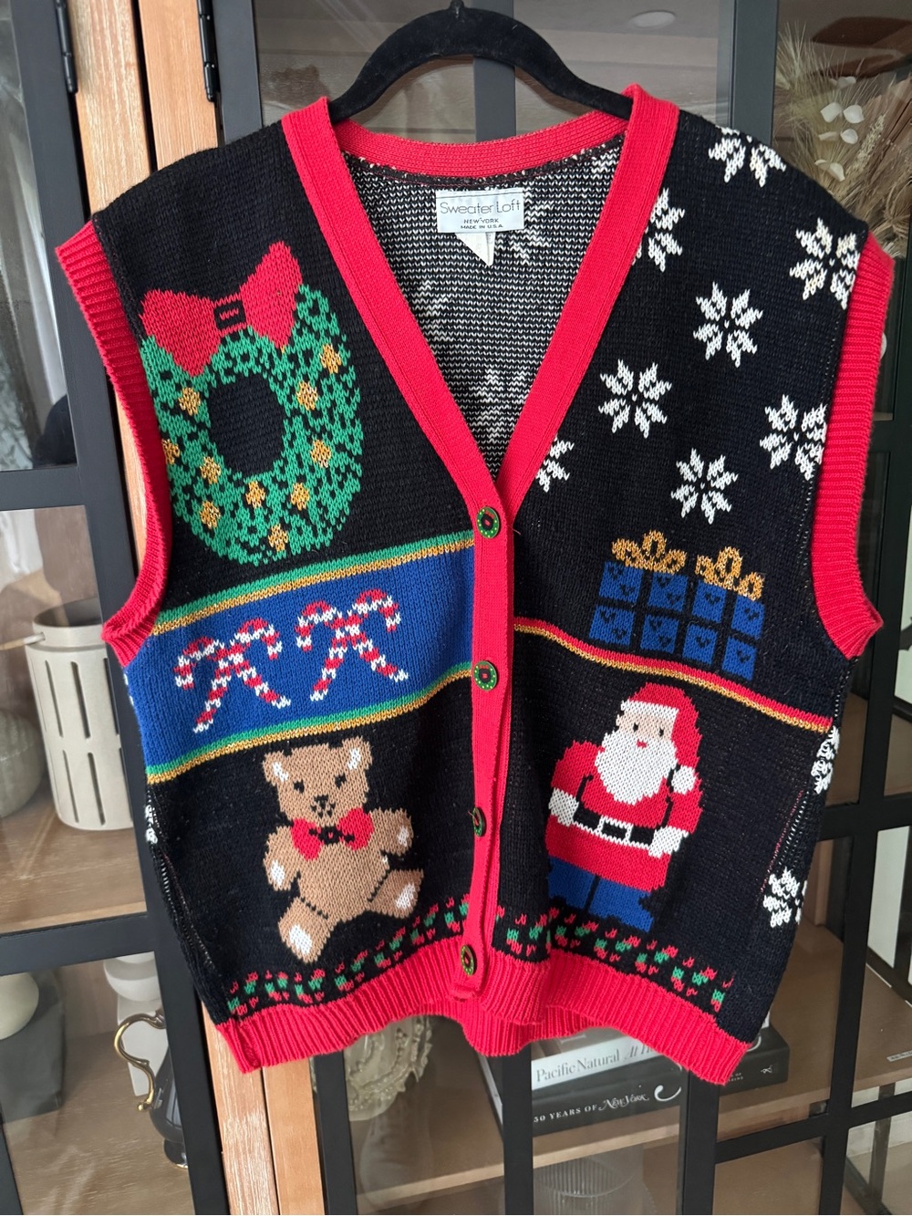 Vintage 80s Christmas sweater vest knit teddy bear santa ugly wreath bow buttons